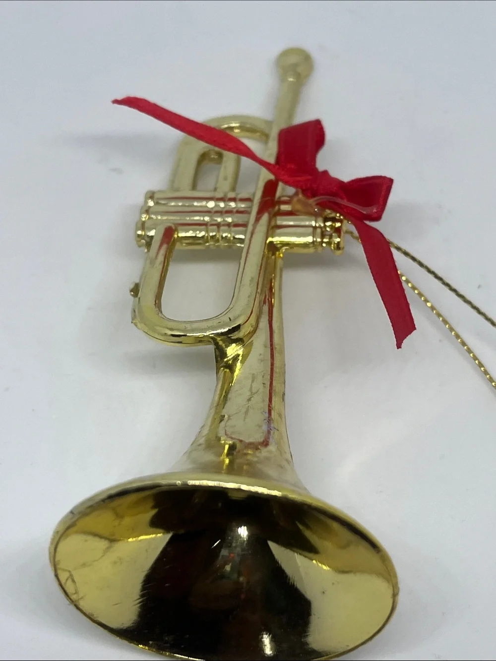 Gold Trumpet Ornament with Red Bow